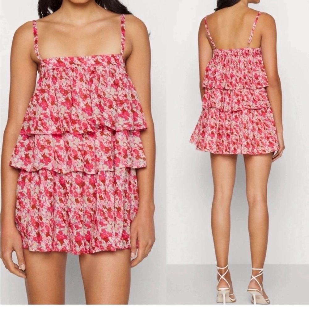 Free People Talia Tunic Top Tiered Ruffle Dress Floral Print Pink Combo S